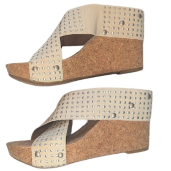 Lucky Brand Miller/MyKayla Studded Cork Wedge Sandals Beige Crisscross *SZ 7.5 - Picture 3 of 7